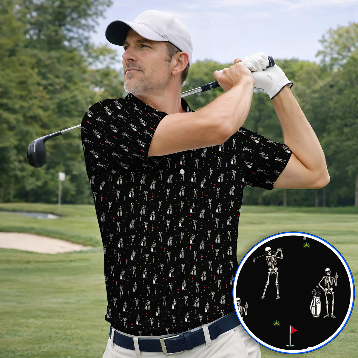 Funny Skeleton Golf Polos, Skeleton Pattern Golf Shirt, Golf Gift For Golfer
