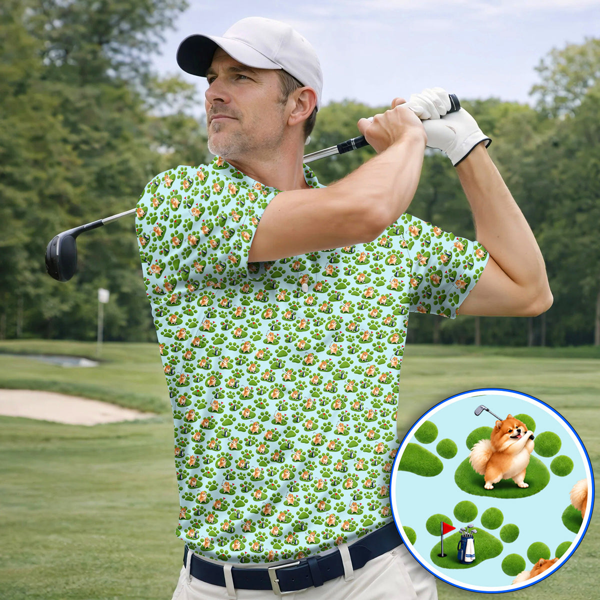 Pomeranian Paw Pattern Golf Polos, Cute Fluffy Pom Dog Pattern Golf Shirt, Crazy Golf Gift For Golfers
