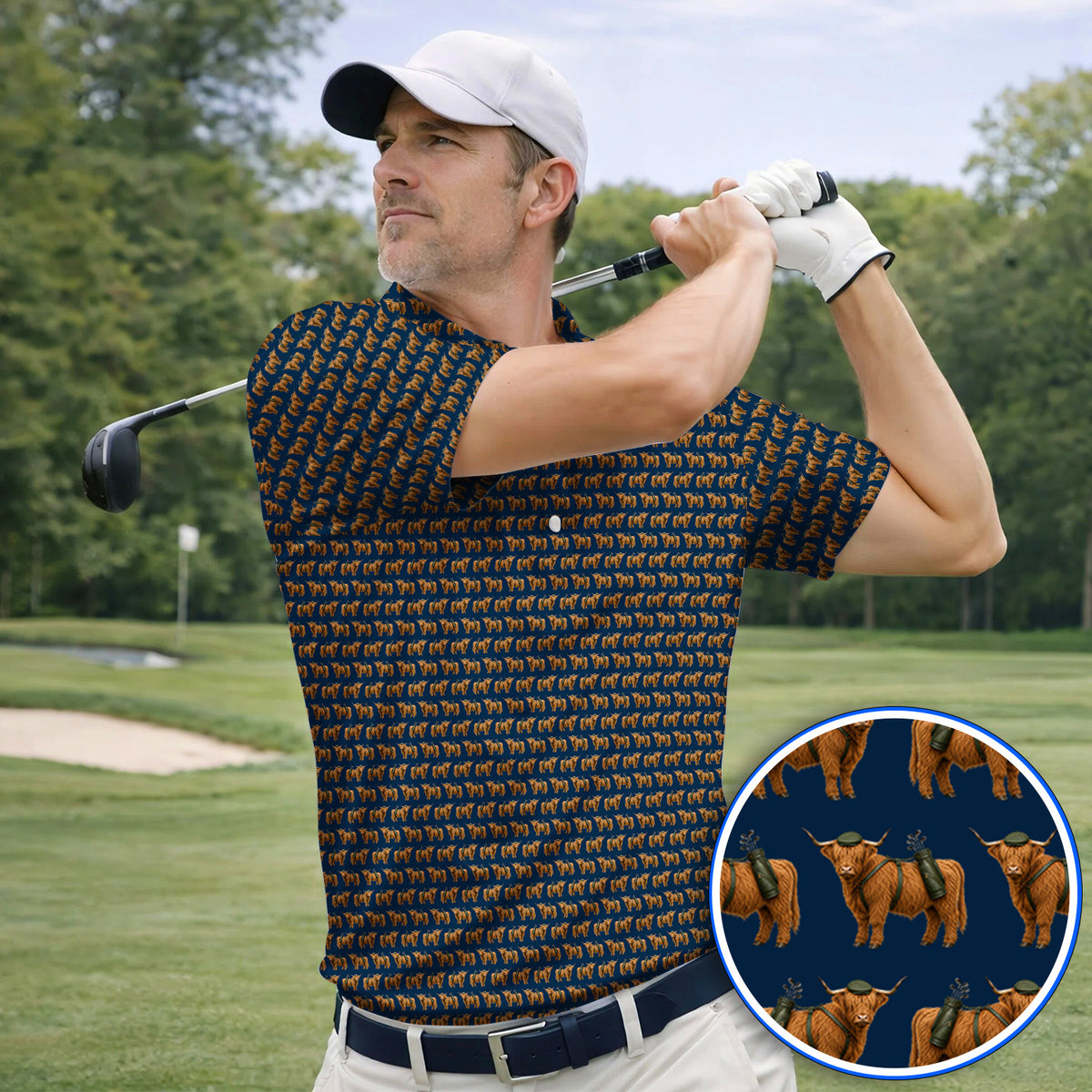 Crazy Highland Cow Caddie Polos, Highland Cow Golf Shirt, Golfer Gift For Golfers