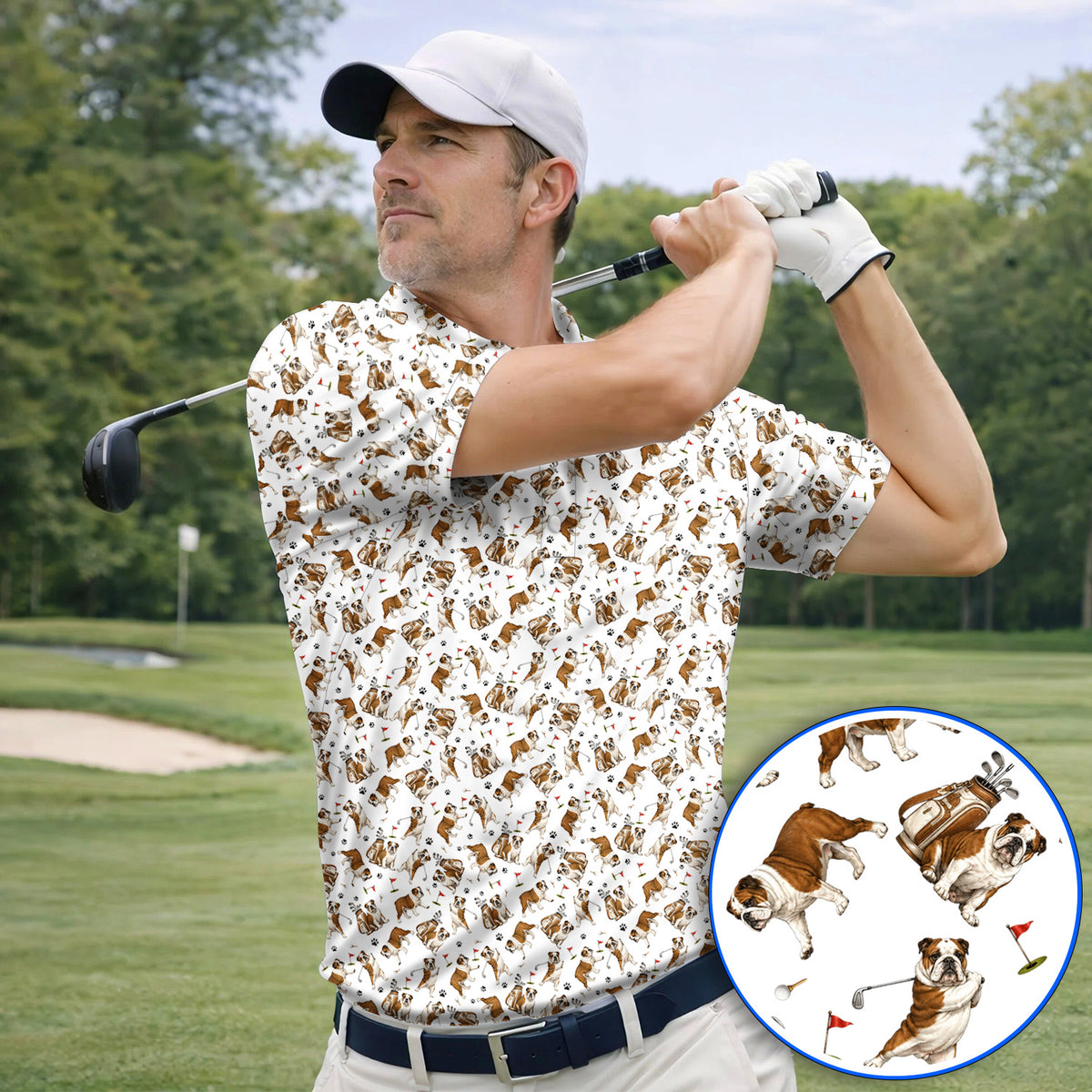 Funny Bulldog Pattern Golf Shirt For Golfer, English Bulldog Golf Polos, Dog Golf Gift