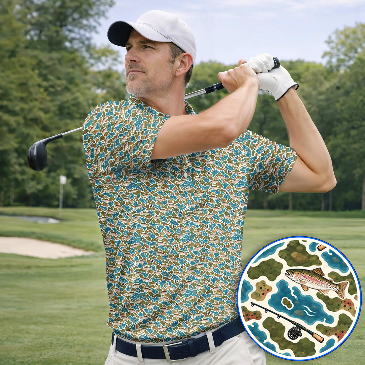 Rainbow Trout Fly Fishing Golf Shirt, Crazy Camo Fish Pattern Golf Polos, Outdoor Golf Apparel Gift for Trout Fishing Lovers