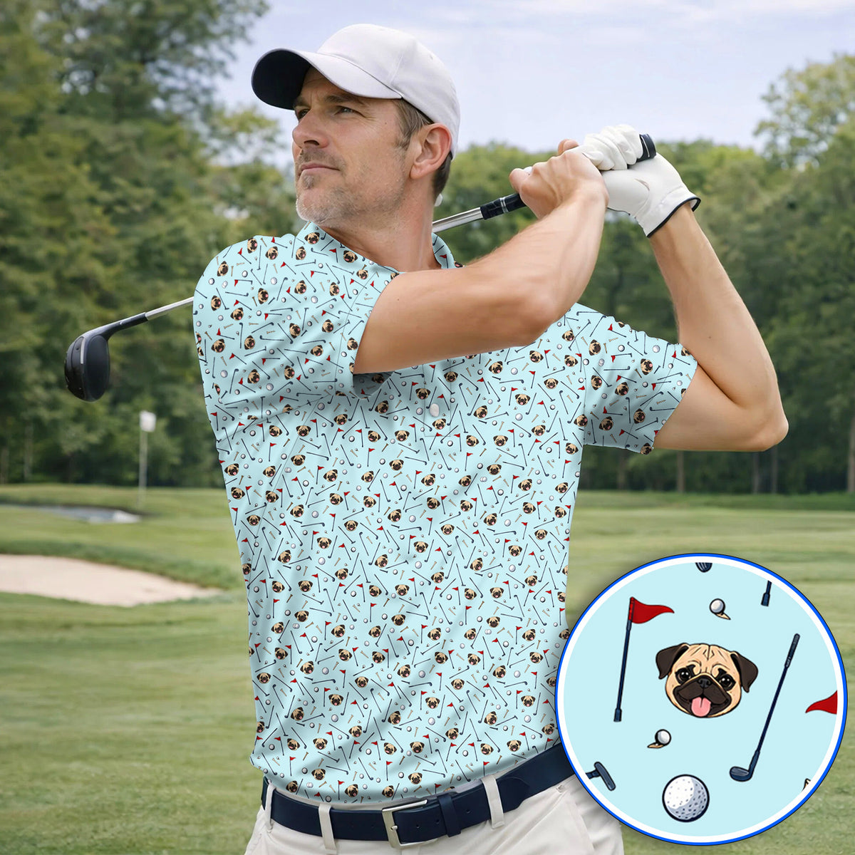 Pug Pattern Golf Polos, Pug Golf Shirt For Dog Lovers, Crazy Golf Gift For Golfers