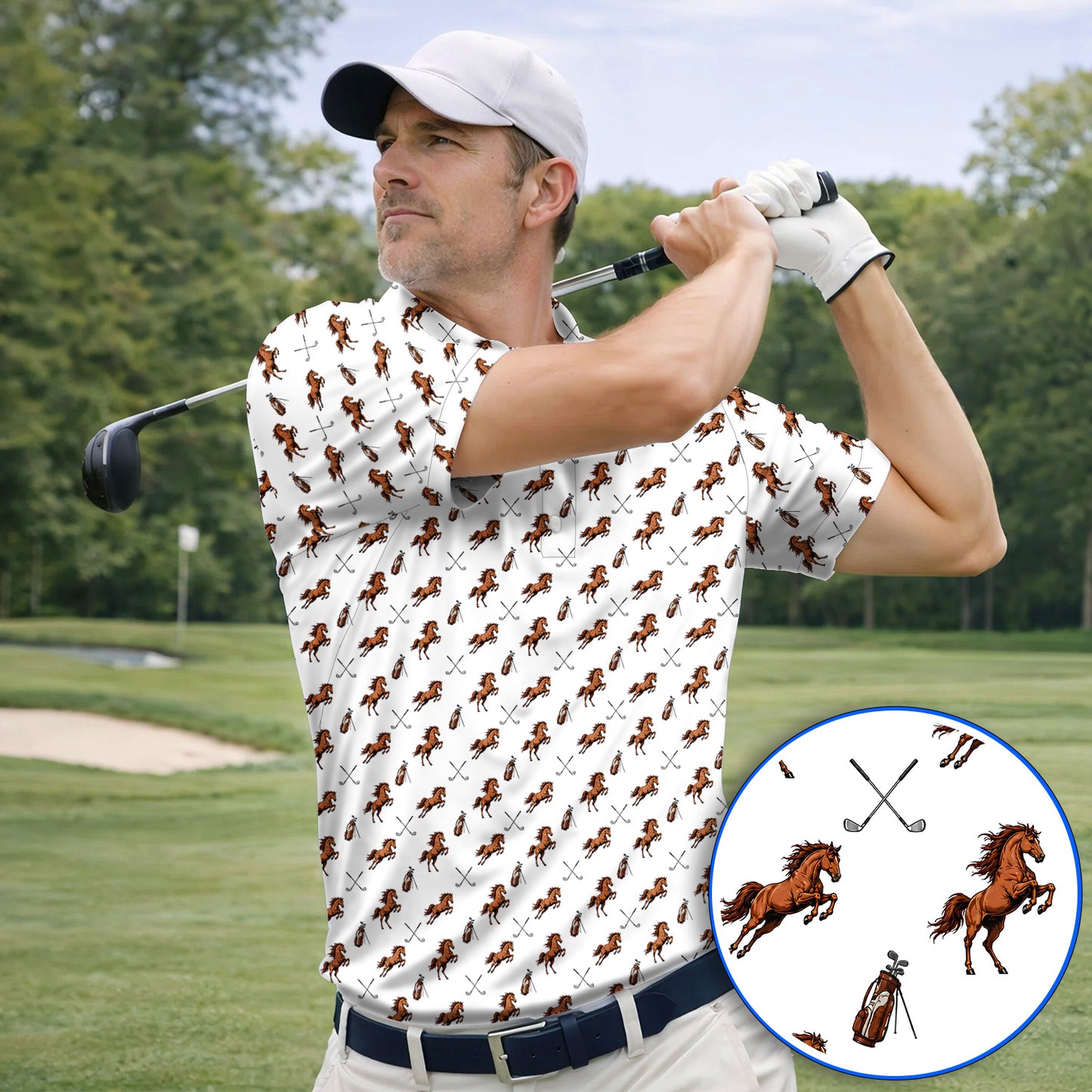 American Quarter Horse Golf Polos, Horse Pattern Golf Shirt for Equestrian Lovers, Western Horse Golf Gift for Golfers