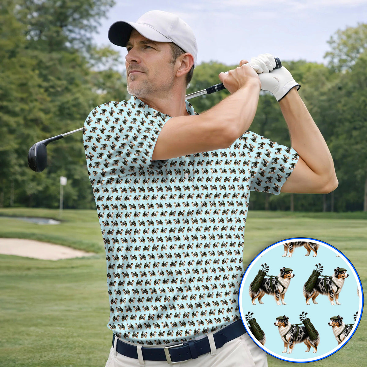 Funny Australian Shepherd Golf Polos, Blue Merle Aussie Pattern Golf Shirt, Golf Gift For Golfer