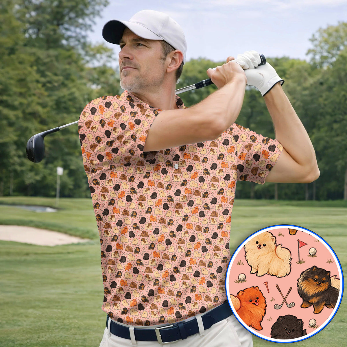 Funny Pomeranian Golf Polos, Pom Dog & Golf Pattern Shirt, Golf Gift For Golfer