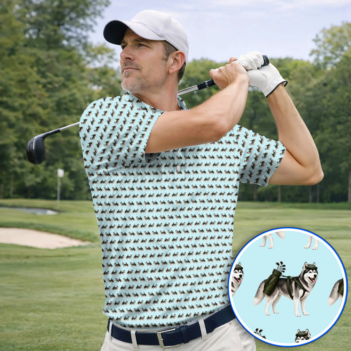 Husky Golf Polos, Husky Sibir Pattern Golf Shirt For Golfer, Funny Golf Gift For Dog Lover