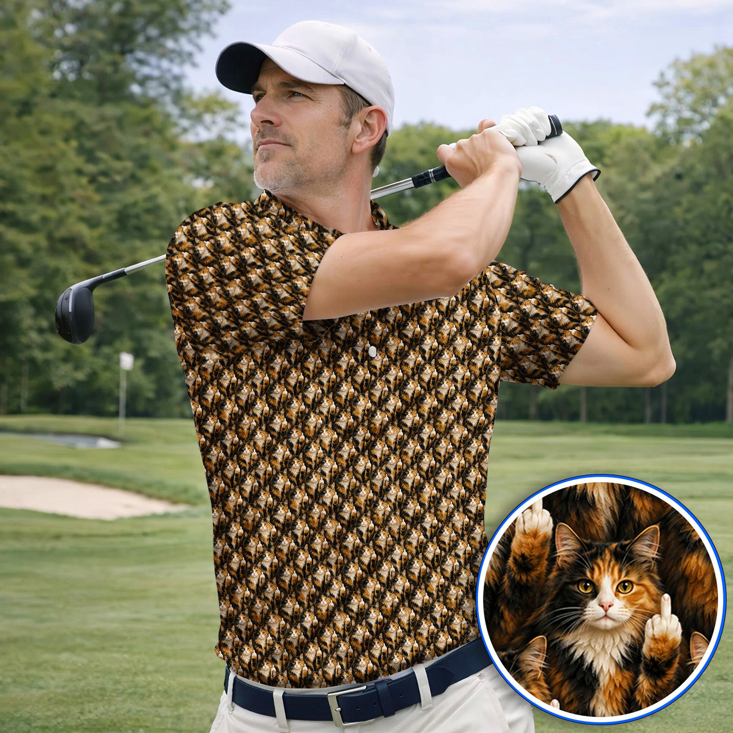 Calico Longhair Cat Golf Polos, Funny Calico Cat Pattern Golf Shirt, Golfer Gift for Cat Lovers