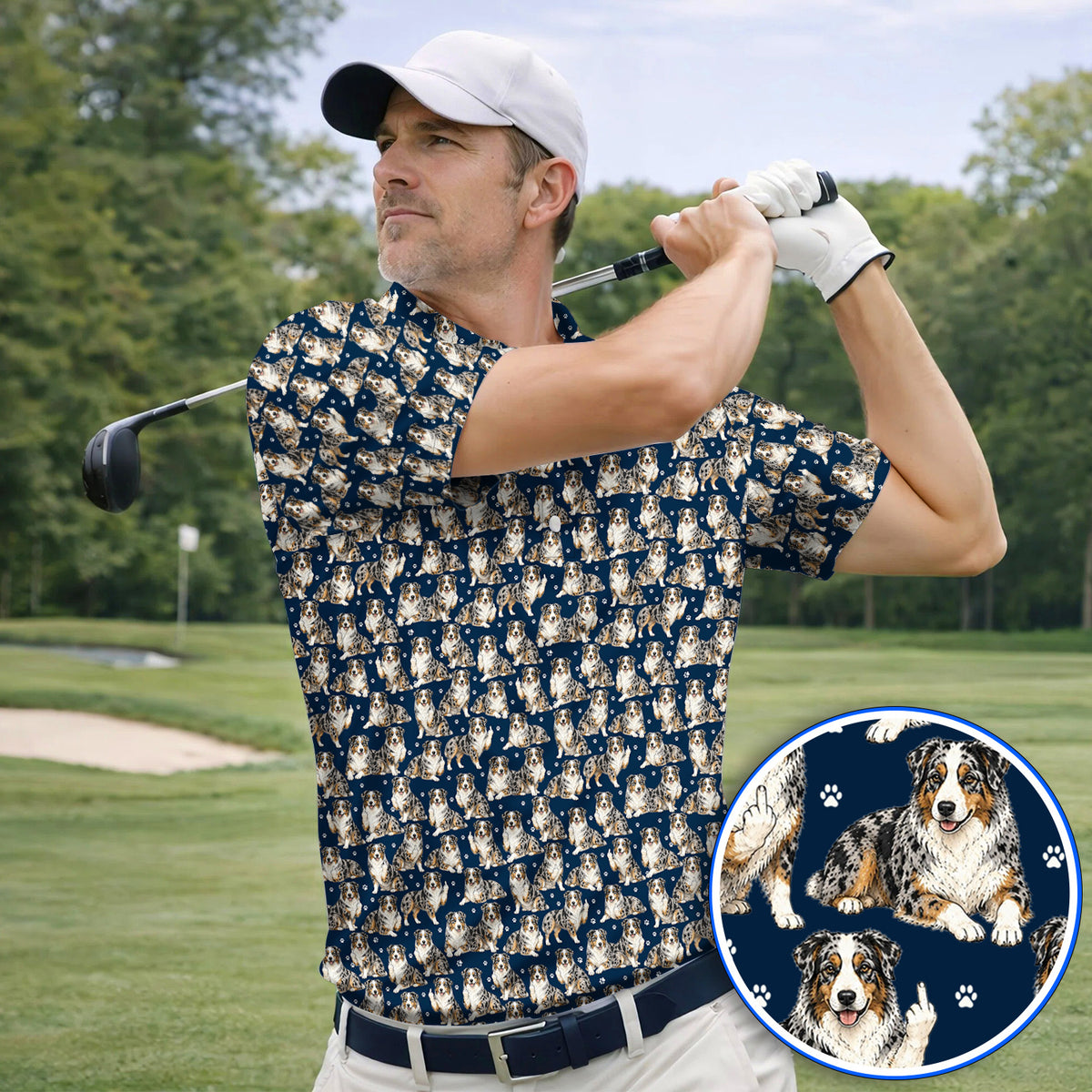 Australian Shepherd Golf Polos, Funny Blue Merle Aussie Pattern Golf Shirt, Golf Gift For Golfer