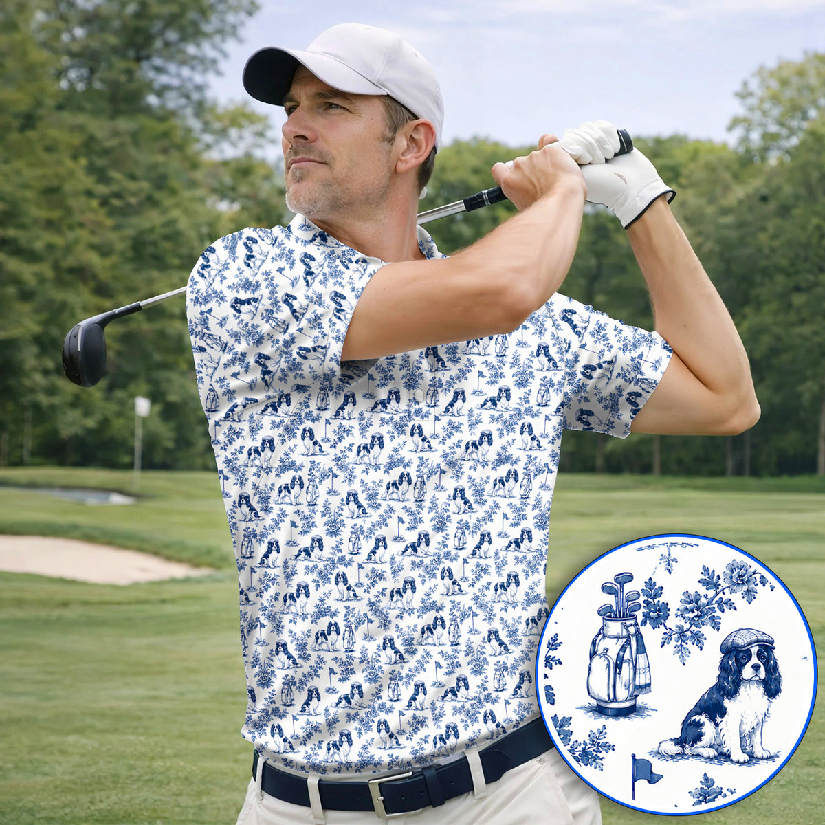 Funny Cavalier King Charles Spaniel Golf Polos, Toile de Jouy Cavalier Pattern Golf Shirt, Golf Gift For Golfer