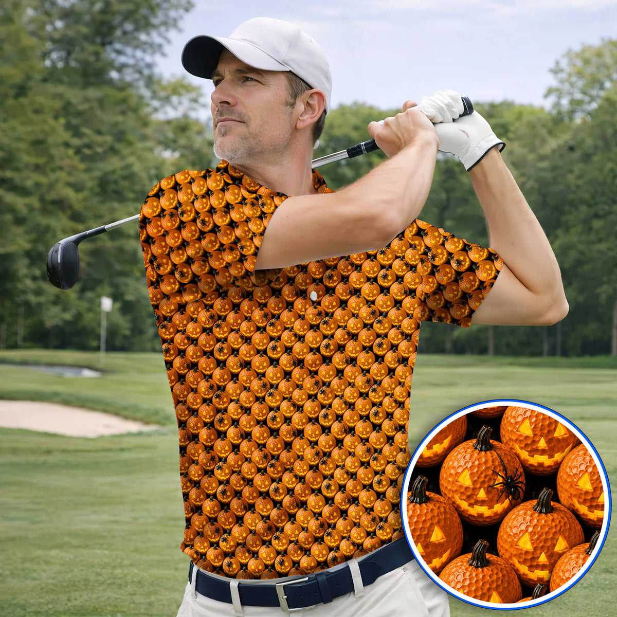 Jack-O'-Lantern Golf Polos, Halloween Pumpkin Pattern Golf Shirt, Crazy Golf Gift For Golfer