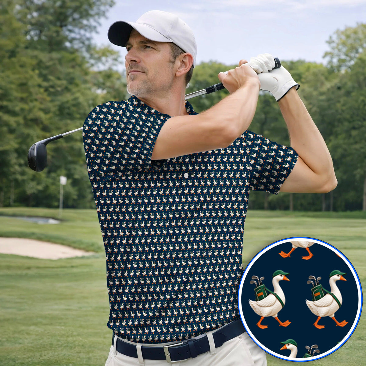 Walking Goose Golf Shirt, Funny Goose Pattern Golf Polos, Golf Gift For Golfer