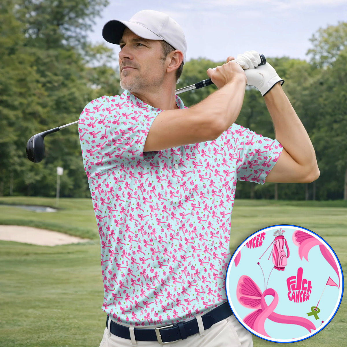 Fight With Every Swing Breast Cancer Awareness Golf Polos, Pink Ribbon & Golf Pattern Shirt, Support Gift for Golfers