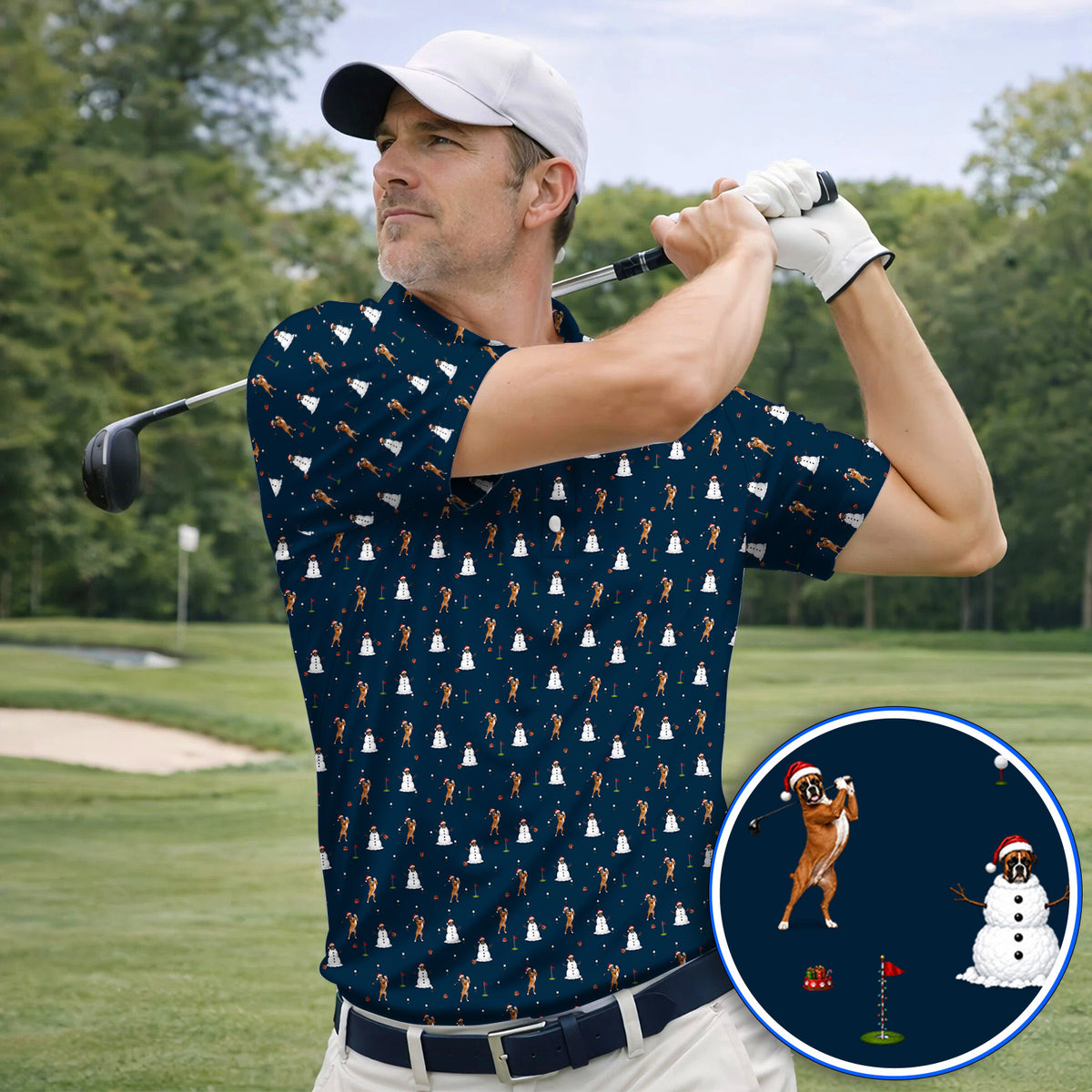 Boxer Christmas Golf Shirt, Funny Boxer Pattern Golf Polos, Holiday Golf Gift for Dog Lovers