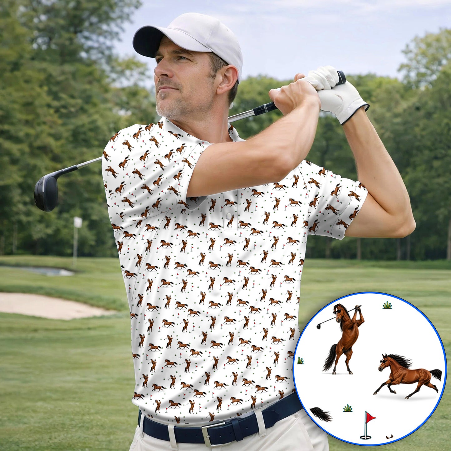 Crazy Horse Golf Pattern Polos, American Quarter Horse Golf Shirt, Western Horse Gift for Golfers