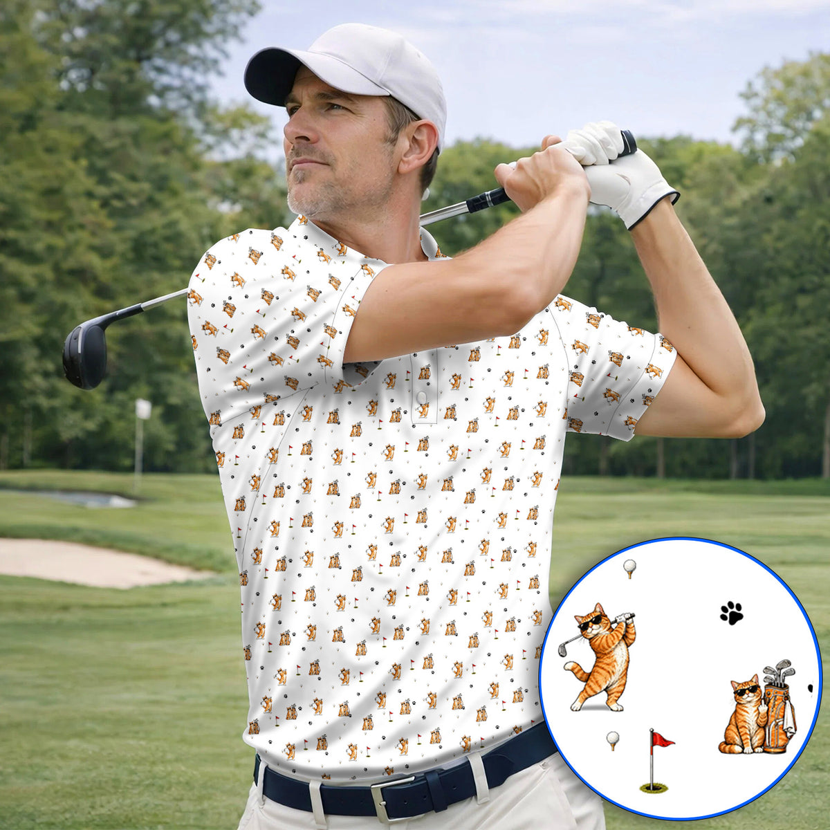 Funny Golf Cat Shirt, Orange Tabby Cat Playing Golf Pattern Polos, Golf Gift For Golfers