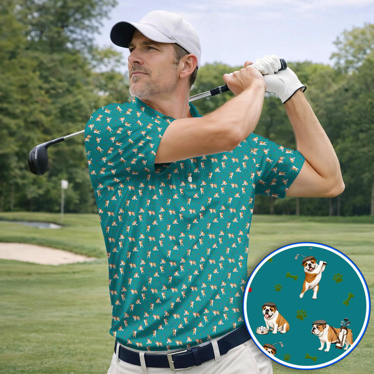 Funny Bulldog Golf Pattern Polos, English Bulldog Golf Shirt, Golf Gift For Golfer