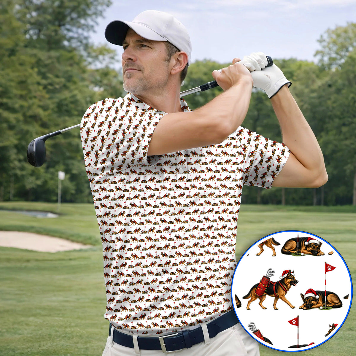 German Shepherd Christmas Golf Shirt, German Shepherd Pattern Golf Polos, Holiday Golf Gift for Dog Lovers