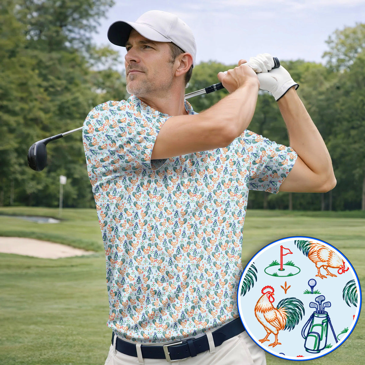 Colorful Rooster Golf Polos, Rooster Pattern Golf Shirt For Chicken Lovers, Funny Golf Gift for Golfers