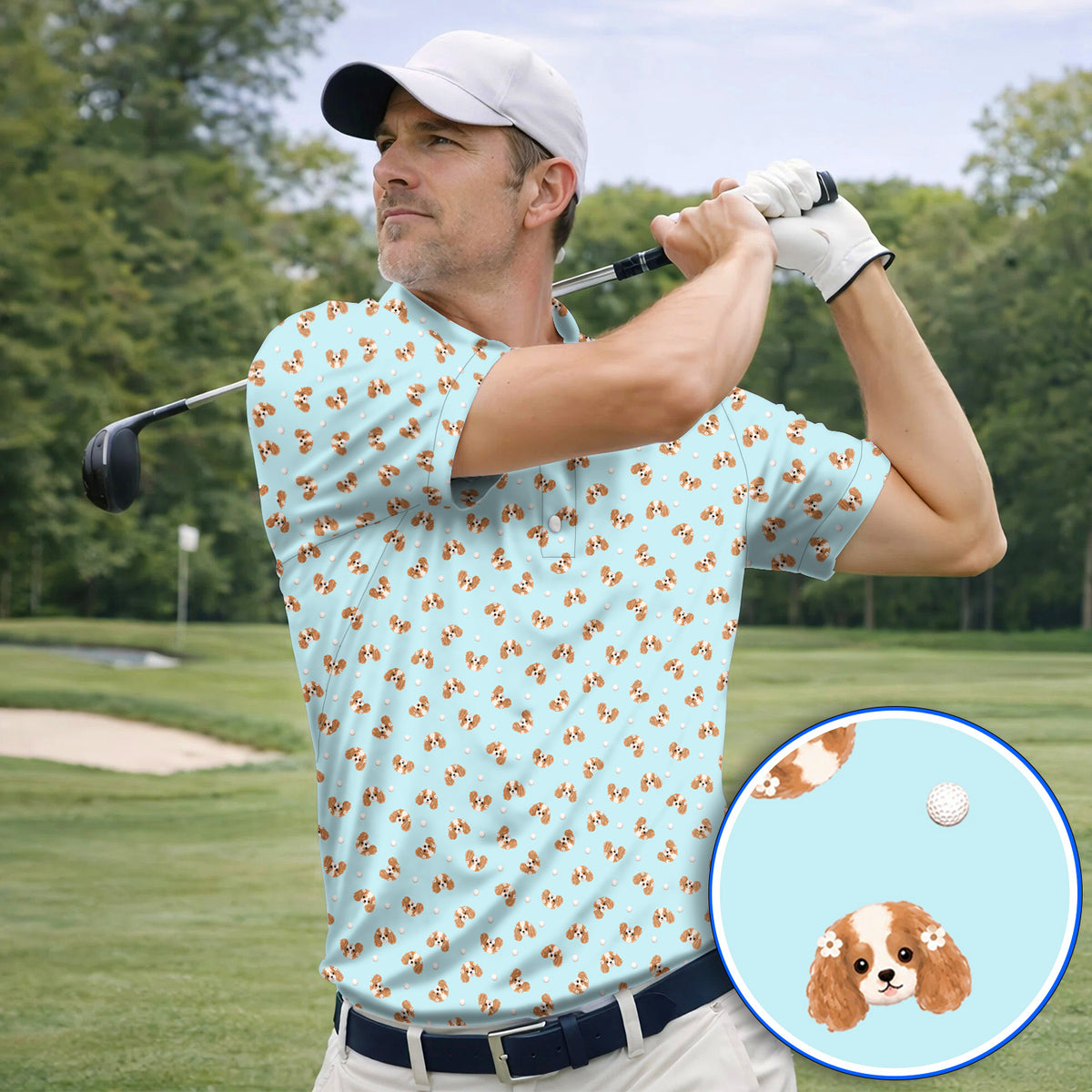 Cavalier King Charles Spaniel Golf Shirt, Funny Cute Cavalier Pattern Golf Polos, Golf Gift For Golfer