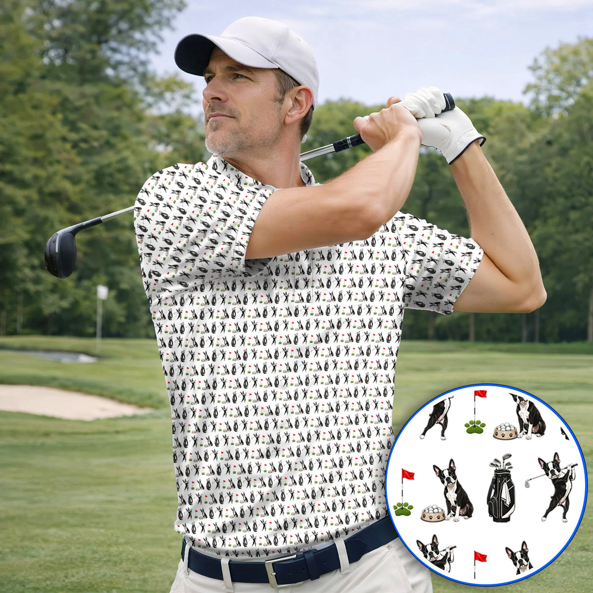 Funny Boston Terrier Pattern Golf Polos, Boston Terrier Golf Shirt, Golf Gift For Golfer