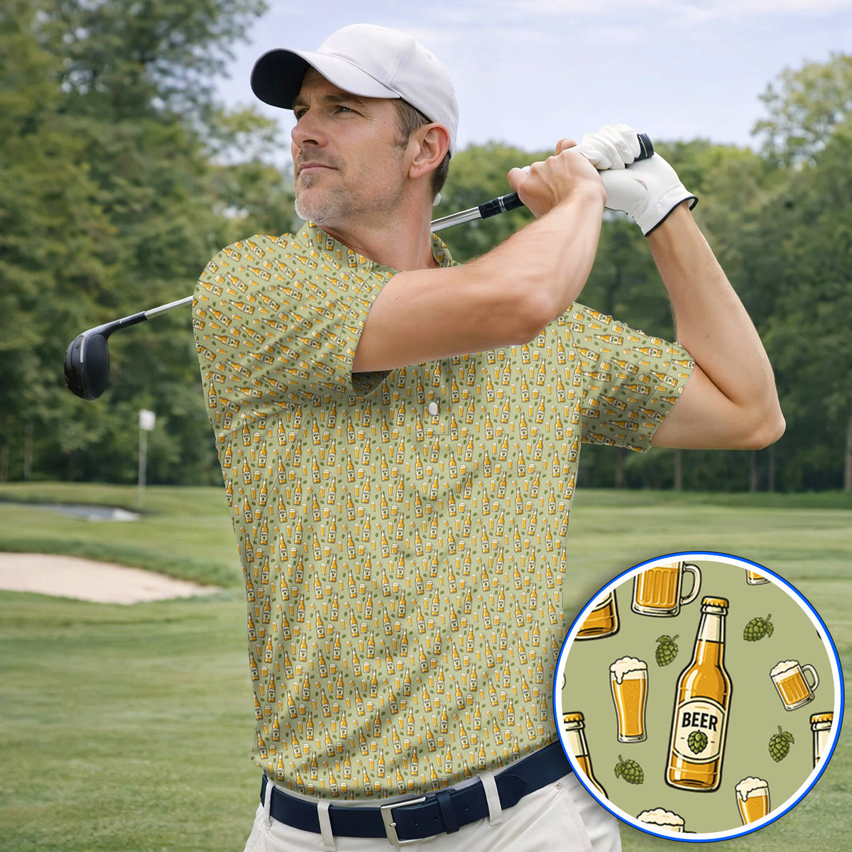 Beer Pattern Golf Shirt, Funny Beer Golf Polos, Golf Gift For Beer Lovers
