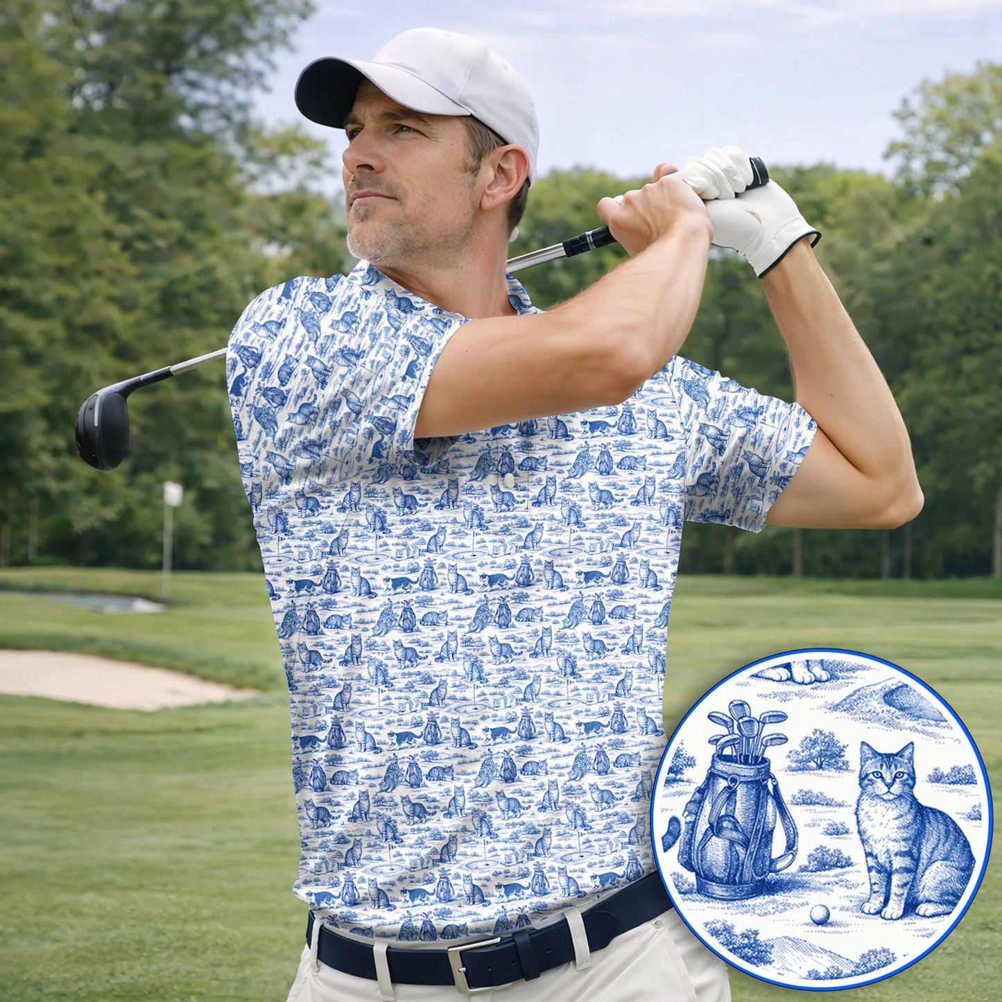 Toile De Jouy Pattern Golf Polos, Crazy Cat Golf Shirt For Golfer, Golf Gift For Pet Lover