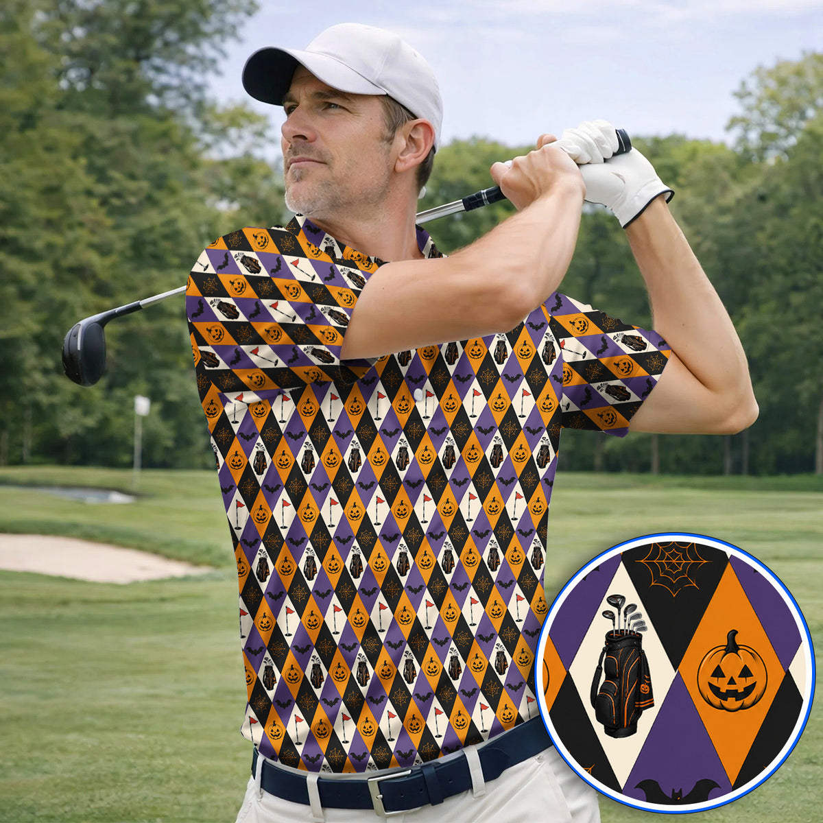 Halloween Pattern Golf Polos, Vintage Halloween Golf Shirt For Golfer, Pumpkin Golf Gift for Golf Lovers