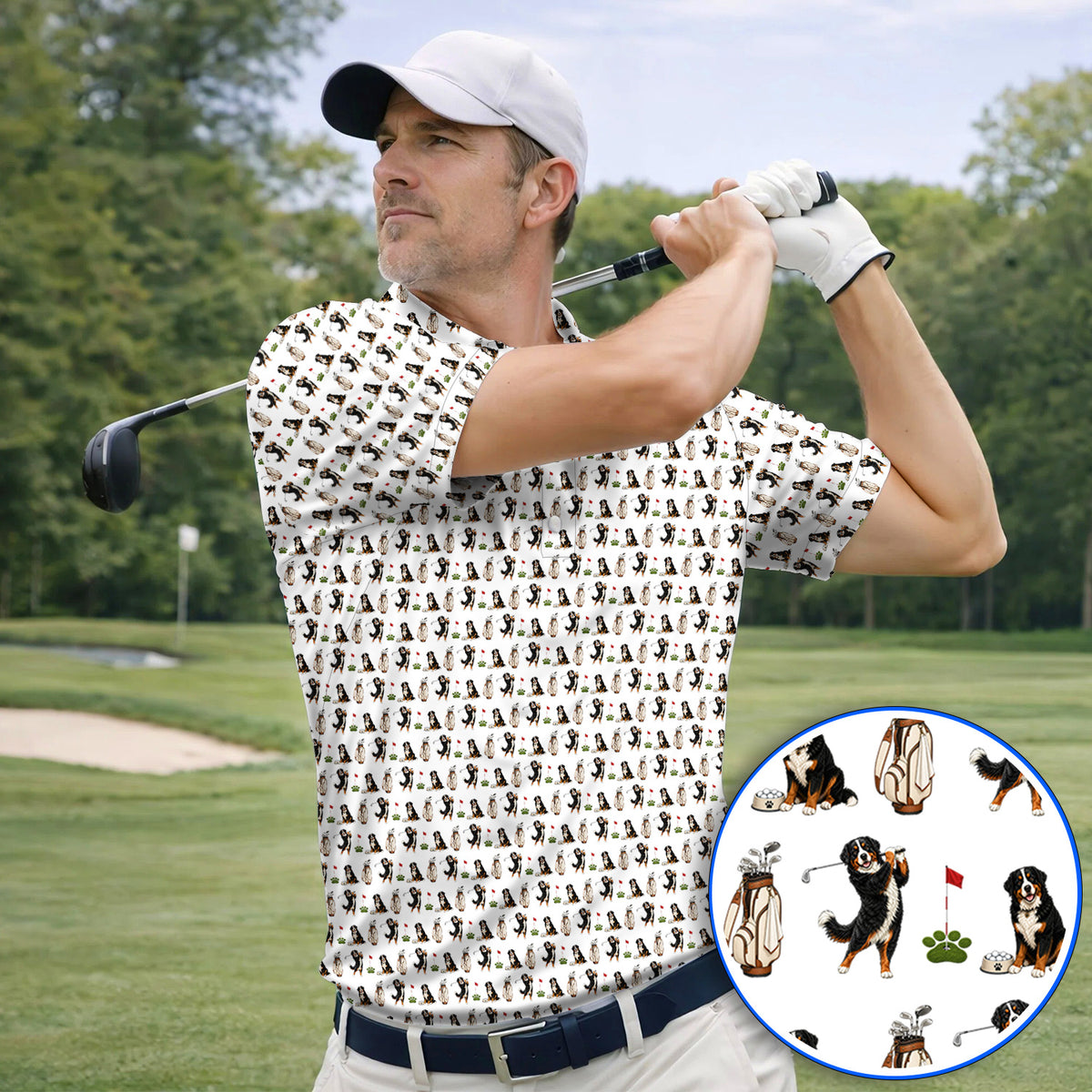 Bernese Mountain Dog Golf Pattern Polos, Bernese Golf Shirt, Dog Lover Golf Gift