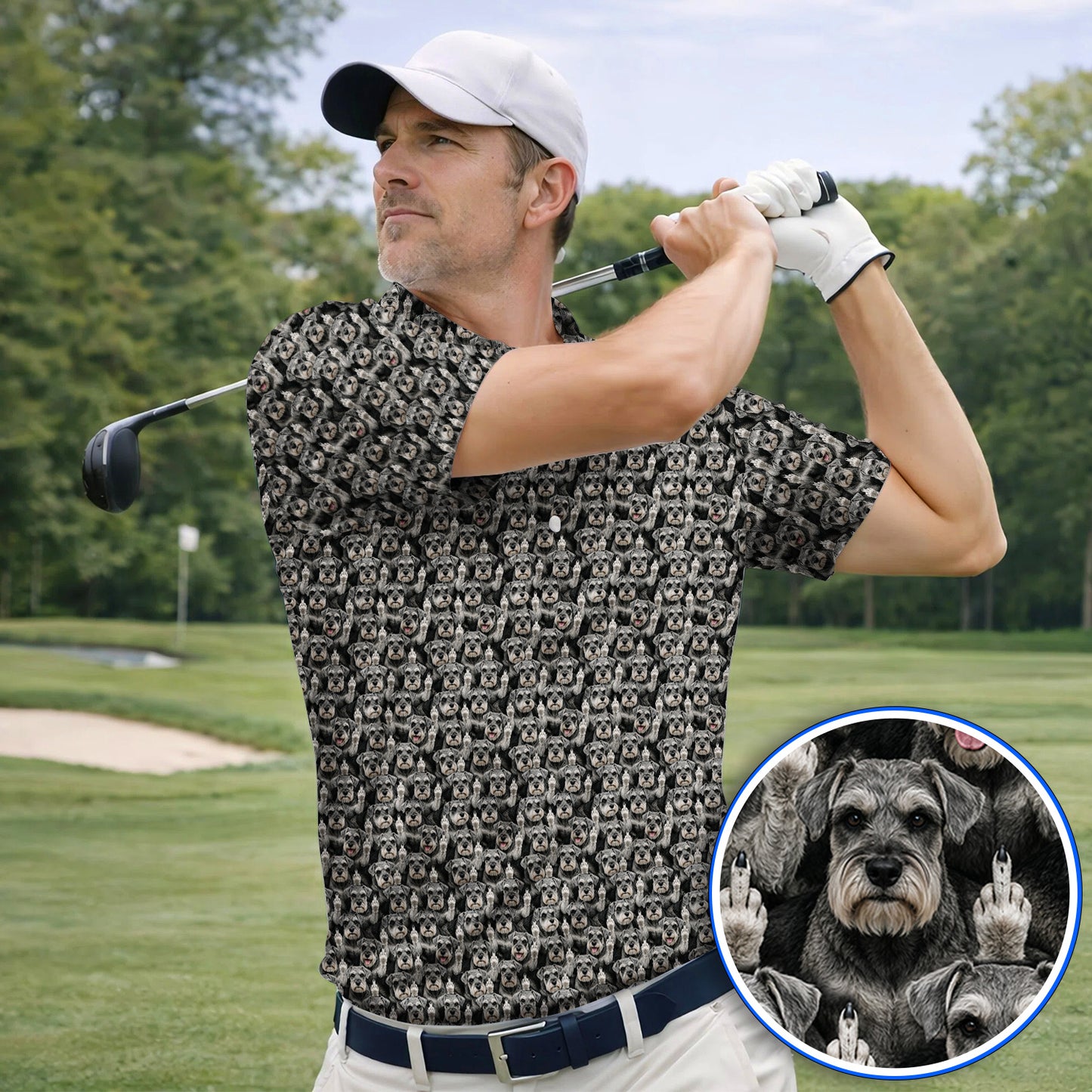 Miniature Schnauzer Middle Finger Golf Polos, Funny Mini Schnauzer Pattern Golf Shirt, Golf Gift For Golfer