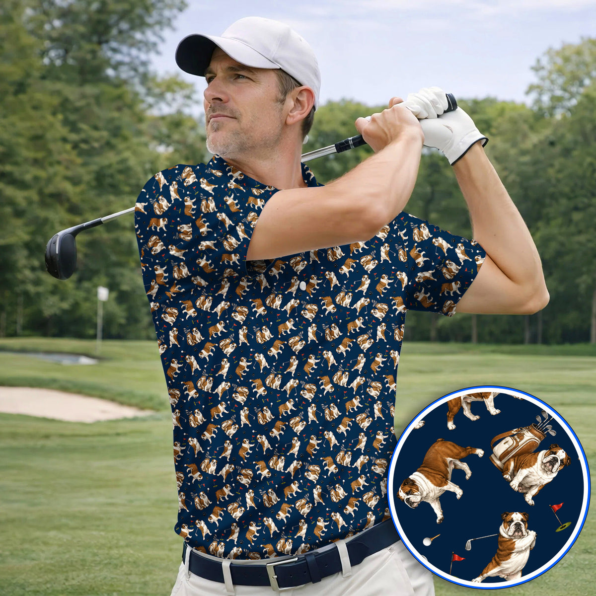 Funny Bulldog Pattern Golf Shirt For Golfer, English Bulldog Golf Polos, Dog Golf Gift