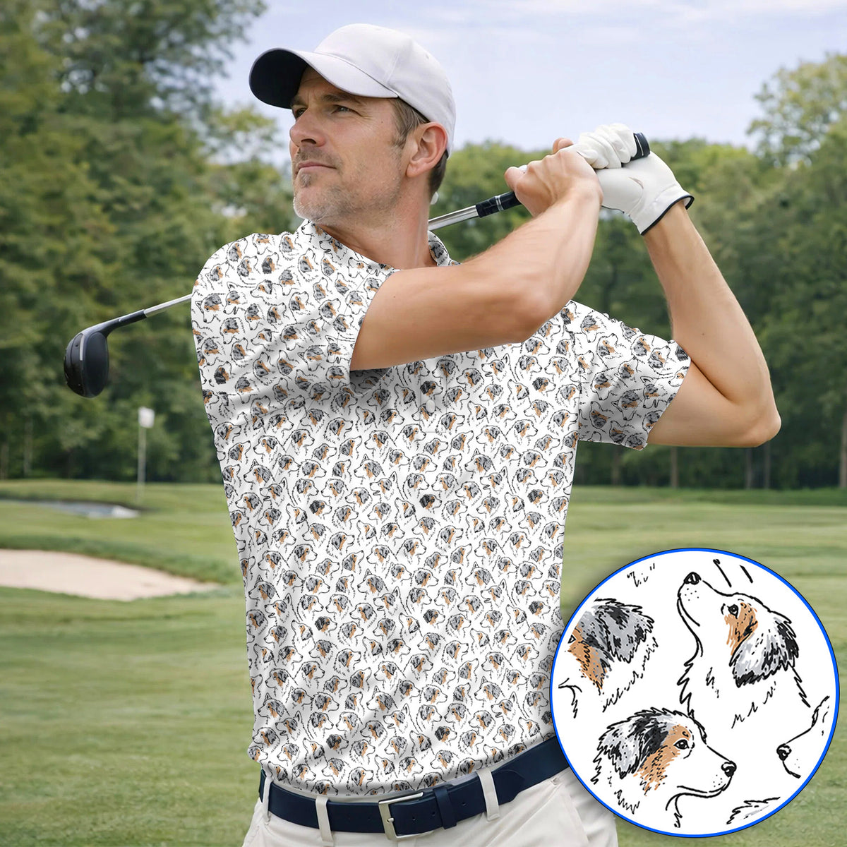Australian Shepherd Golf Polos, Aussie Dog Pattern Golf Shirt, Golf Gift For Golfer