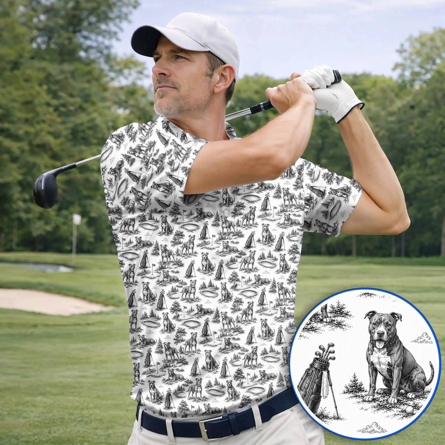Crazy Pit Bull Golf Polos For Golfer, Toile de Jouy Pit Bull Pattern Golf Shirt, Dog Lover Golf Gift