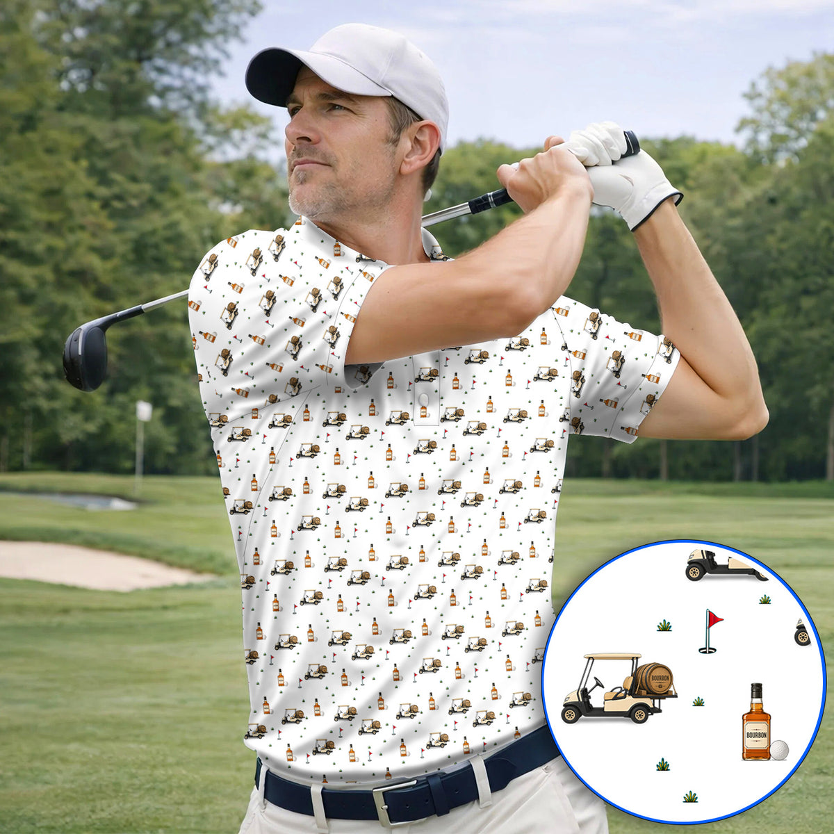 Bourbon Cart Golf Polos, Whiskey Barrel & Golf Course Pattern Shirt, Funny Golf Gift For Golfer