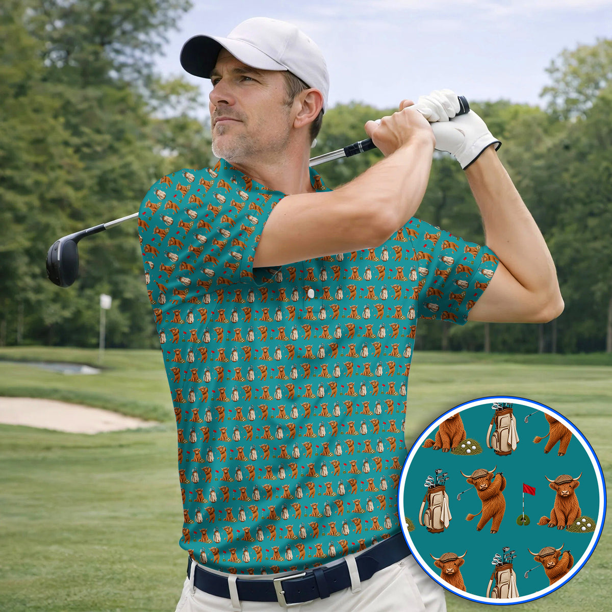 Funny Highland Cow Golf Polos, Highland Cow Pattern Golf Shirt, Golf Gift For Golfer