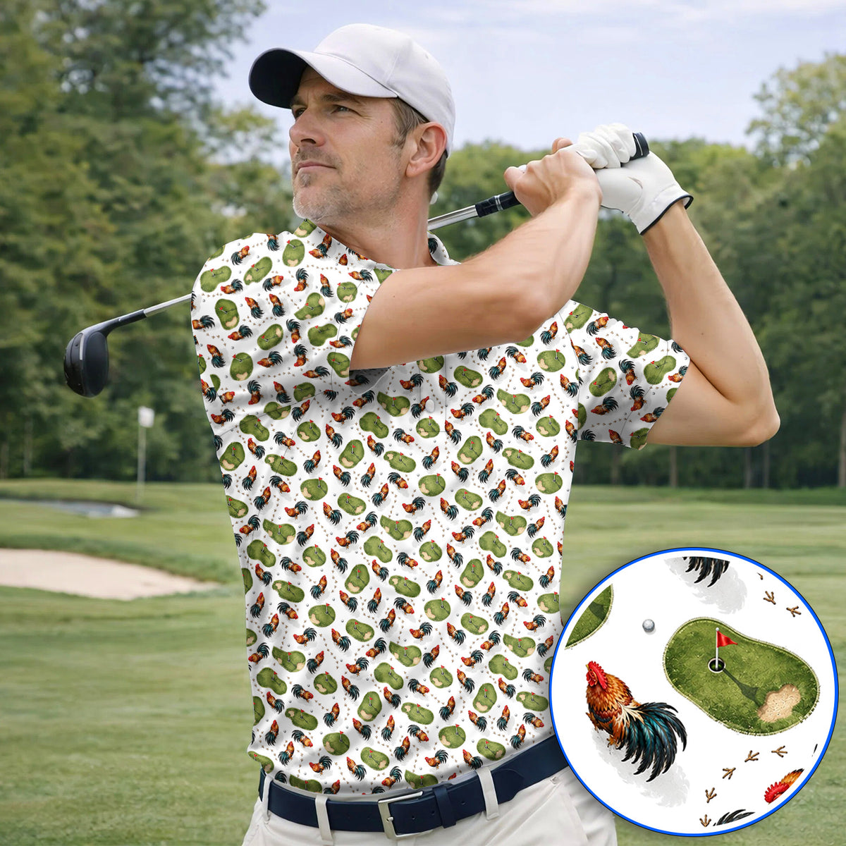 Vintage Rooster Golf Polos, Chicken Pattern Golf Shirt For Rooster Lovers, Golf Gift For Golfers
