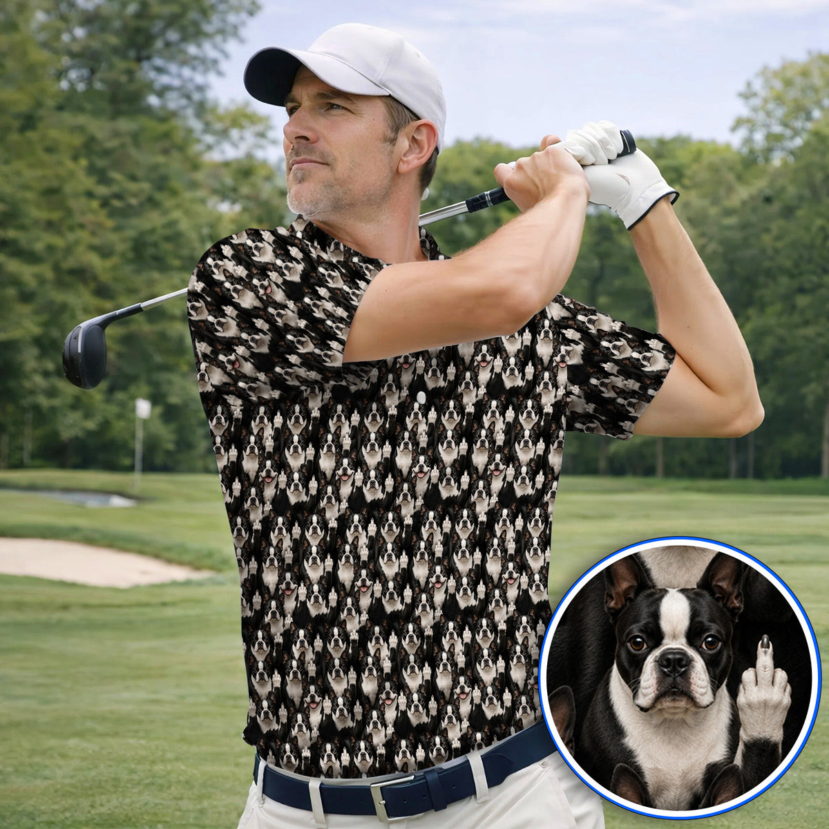 Boston Terrier Pattern Golf Polos, Funny Boston Terrier Golf Shirt, Golf Gift For Golfer