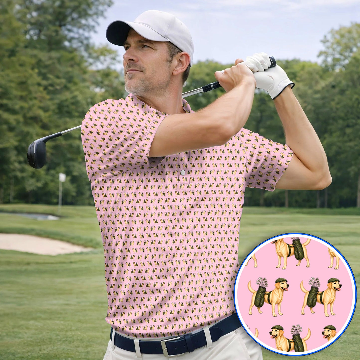 Funny Labrador Retriever Pattern Golf Shirt, Cute Yellow Lab Golf Polos For Pet Lover, Unique Golf Gift For Golfer