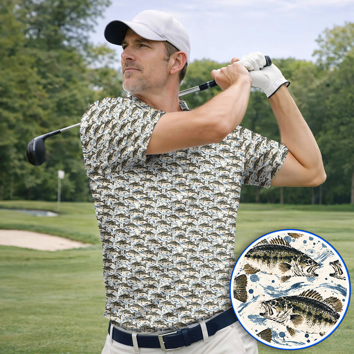 Gyotaku Bass Fishing Golf Shirt, Vintage Japanese Fish Pattern Golf Polos, Golf Gift For Fishing Lovers
