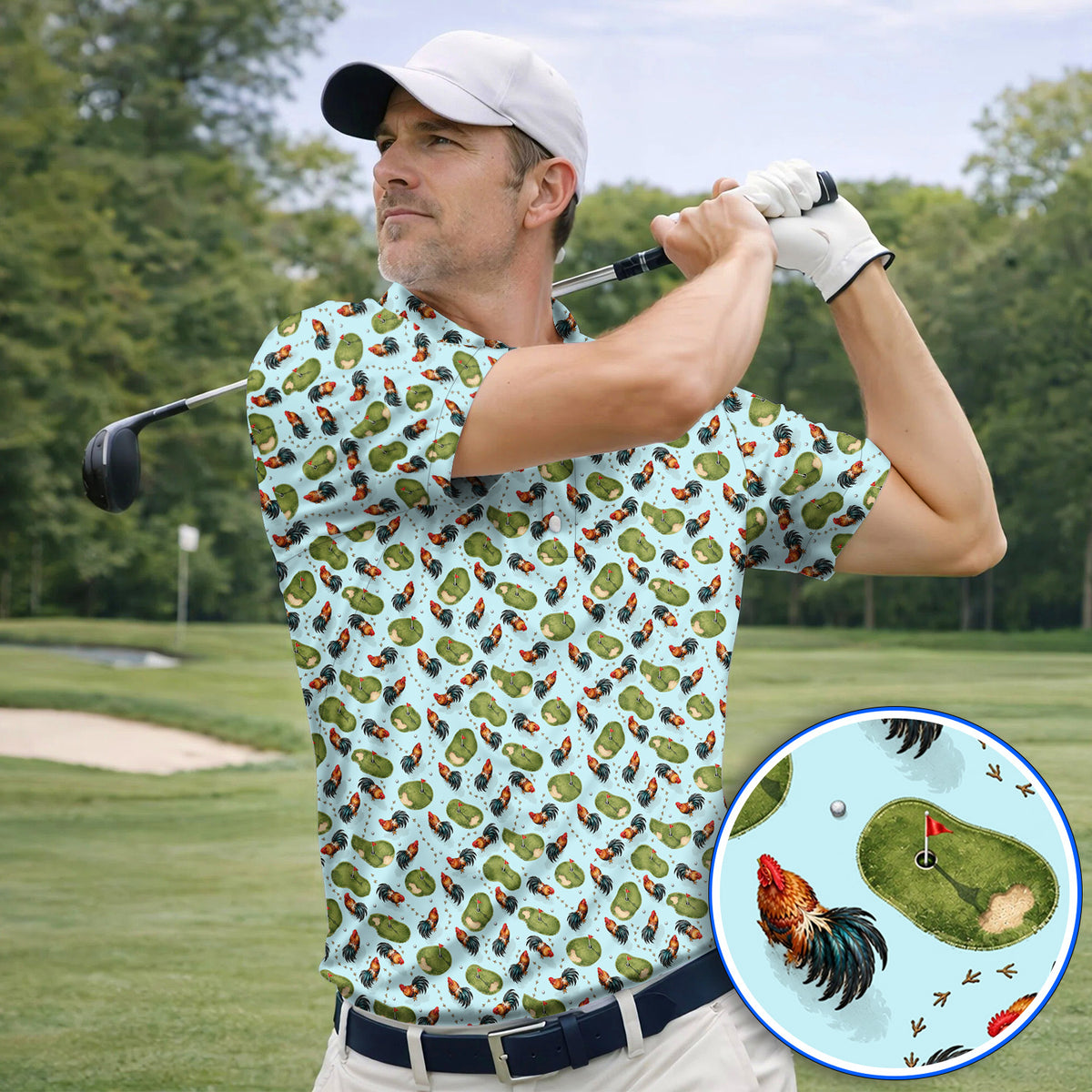 Vintage Rooster Golf Polos, Chicken Pattern Golf Shirt For Rooster Lovers, Golf Gift For Golfers