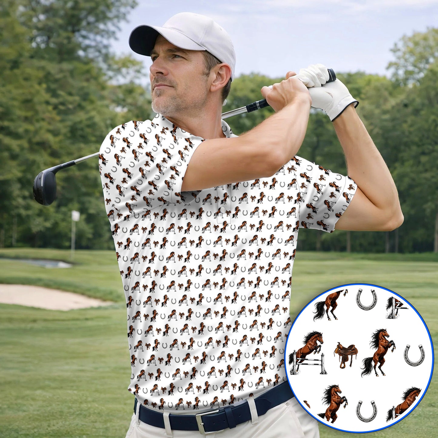 Funny Horse Golf Pattern Shirt, American Quarter Horse Golf Polos, Western Horse Gift for Golfers