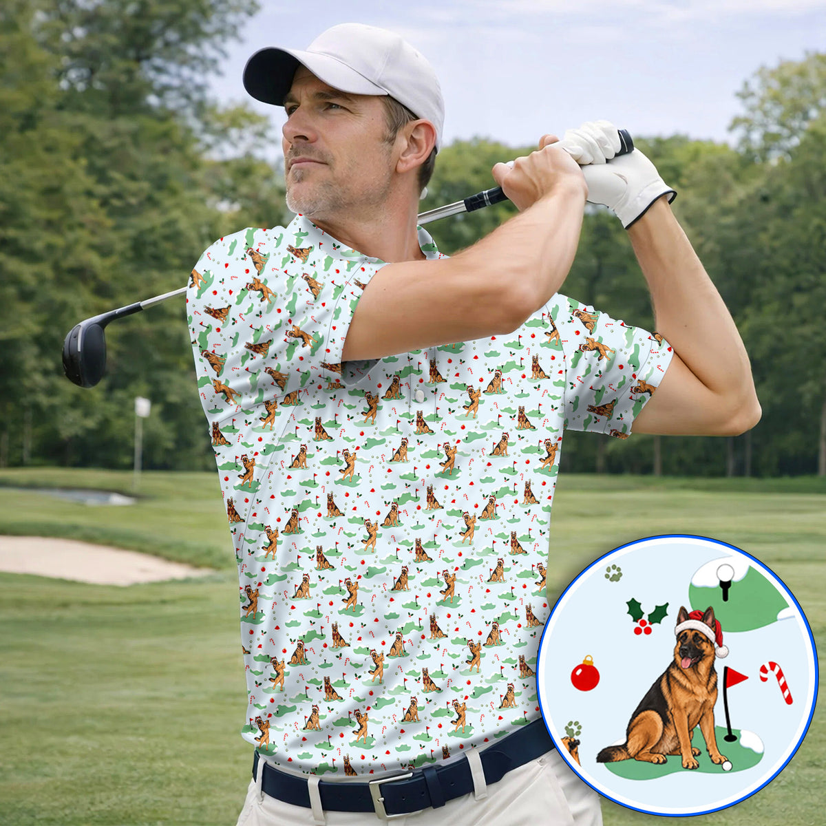 Funny German Shepherd Christmas Golf Shirt, German Shepherd Pattern Golf Polos, Xmas Golf Gift for Golfers