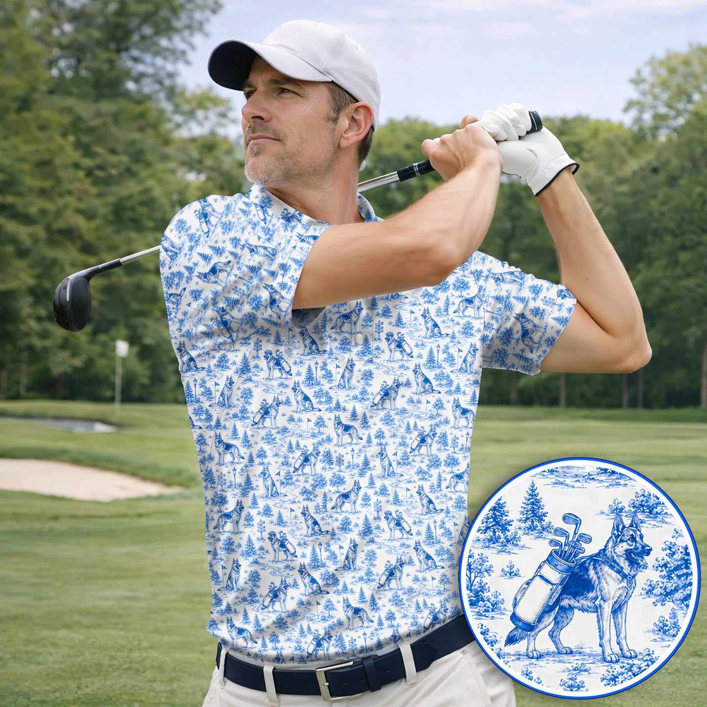 Toile De Jouy German Shepherd Golf Polos, German Shepherd Pattern Golf Shirt, Dog Dad Golf Gift