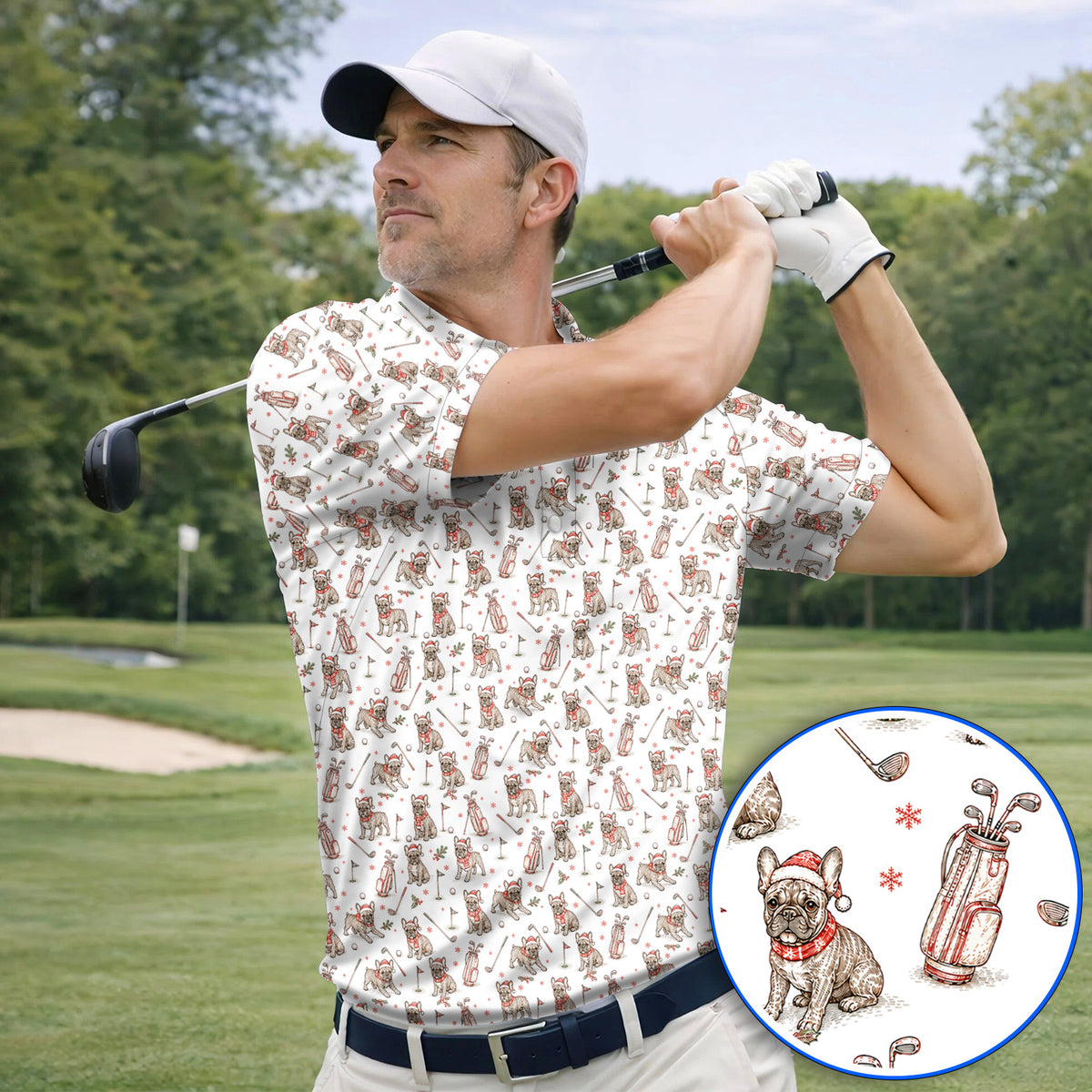 French Bulldog Christmas Golf Polos, Vintage Holiday Dog Pattern Golf Shirt, Xmas Golf Gift for Golfers