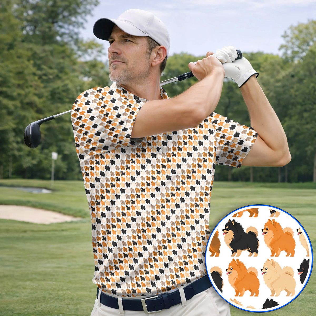 Cute Pomeranian Pattern Golf Shirt, Pomeranian Dog Golf Polos, Funny Golf Gift For Golfer