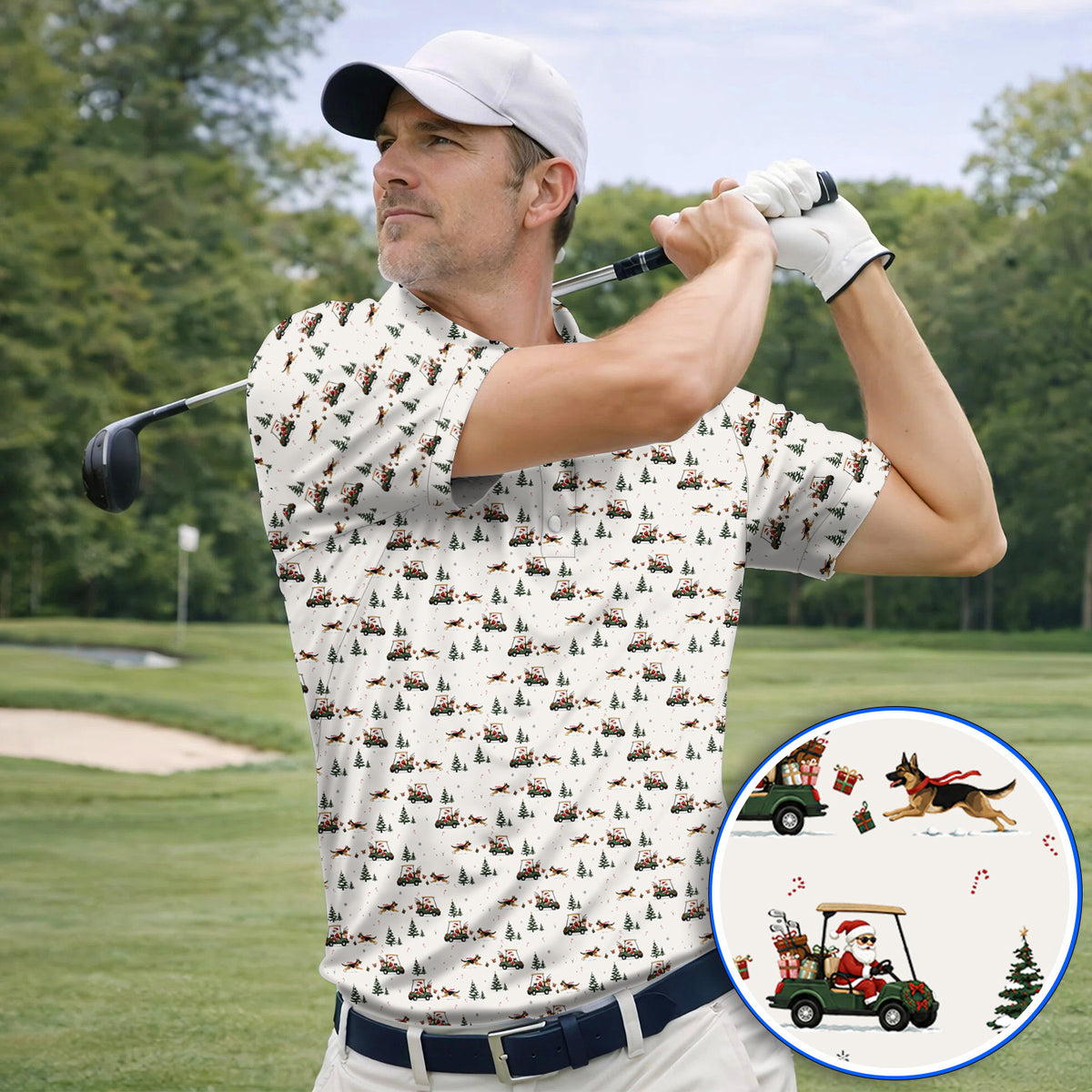 German Shepherd Pattern Golf Polos, German Christmas Golf Cart Shirt, Festive Golf Gift for Dog Lovers