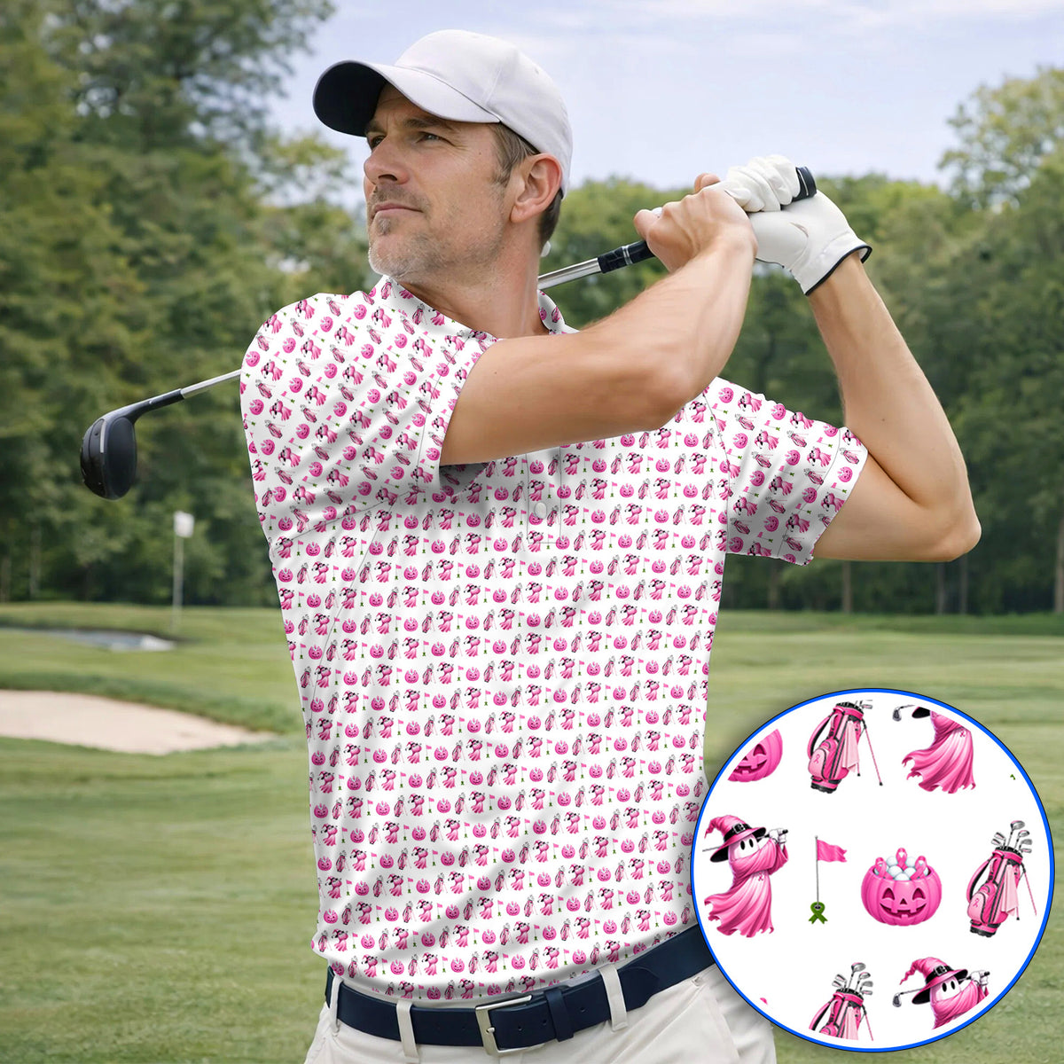 Pink Pumpkin Swing Breast Cancer Awareness Golf Shirt, Halloween Golf & Pink Ribbon Pattern Polos, October Golf Gift For Golfer