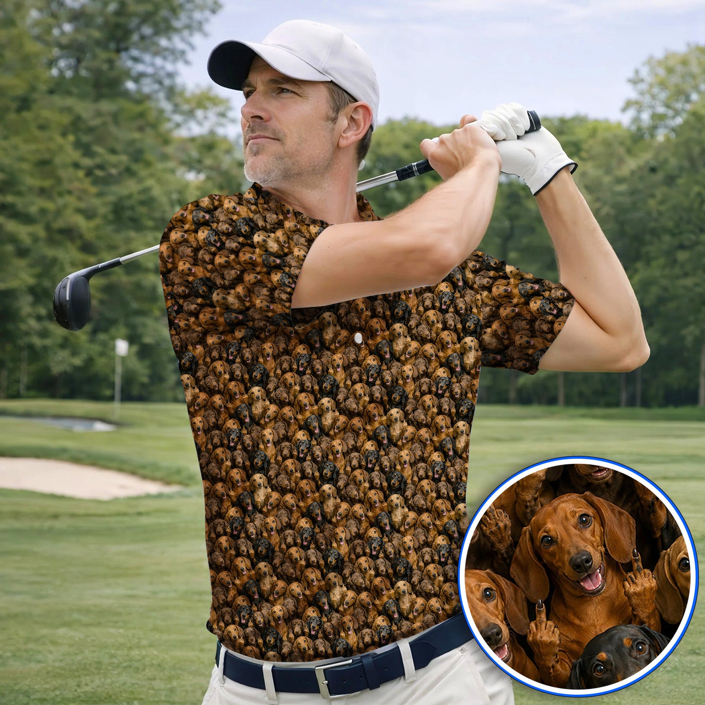 Funny Dachshund Golf Shirt, Wiener Dog Pattern Golf Polos, Doxie Lover Gift For Golfer