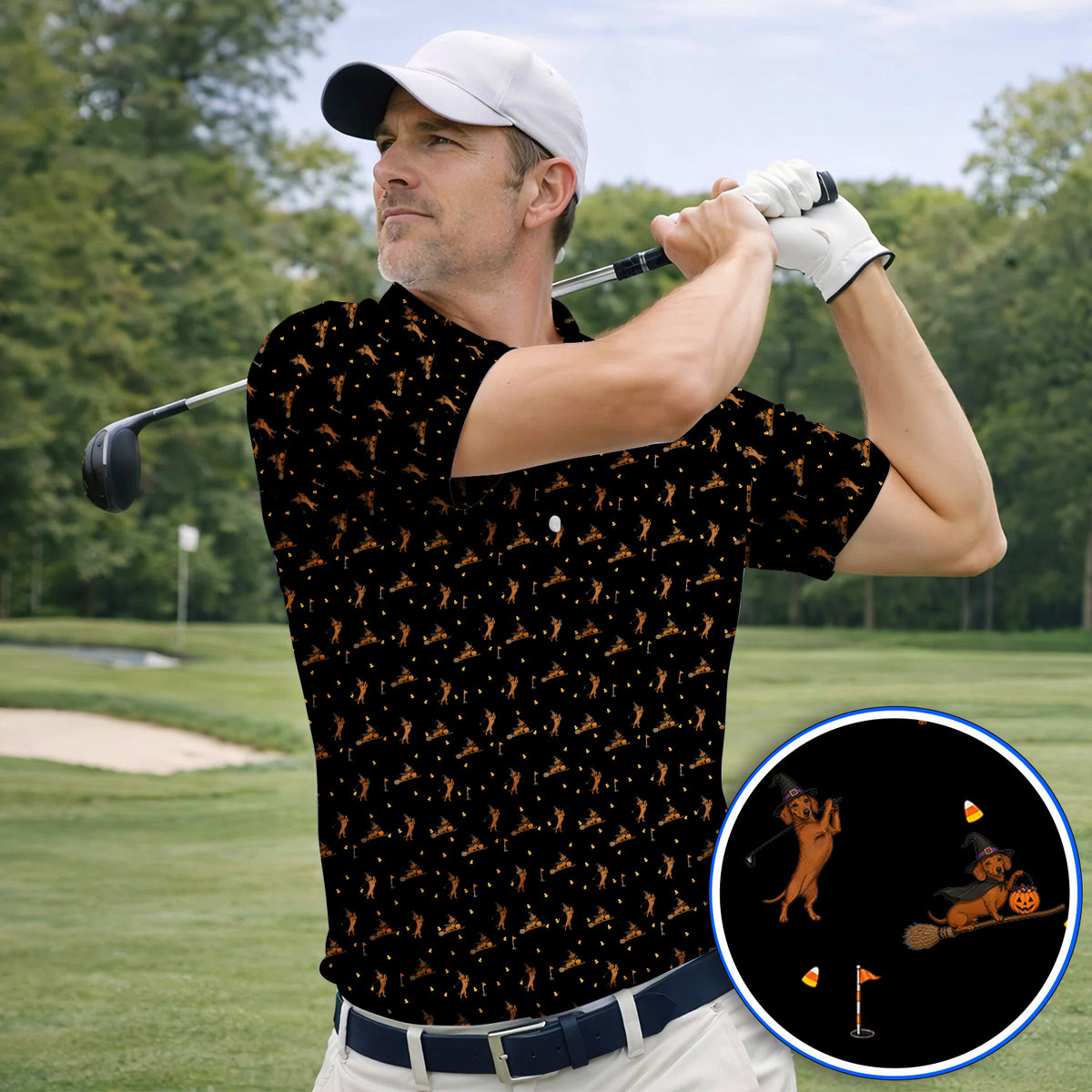 Funny Witch Dachshund Golf Shirt, Halloween Wiener Dog Pattern Golf Polos, Golf Gift for Golfer