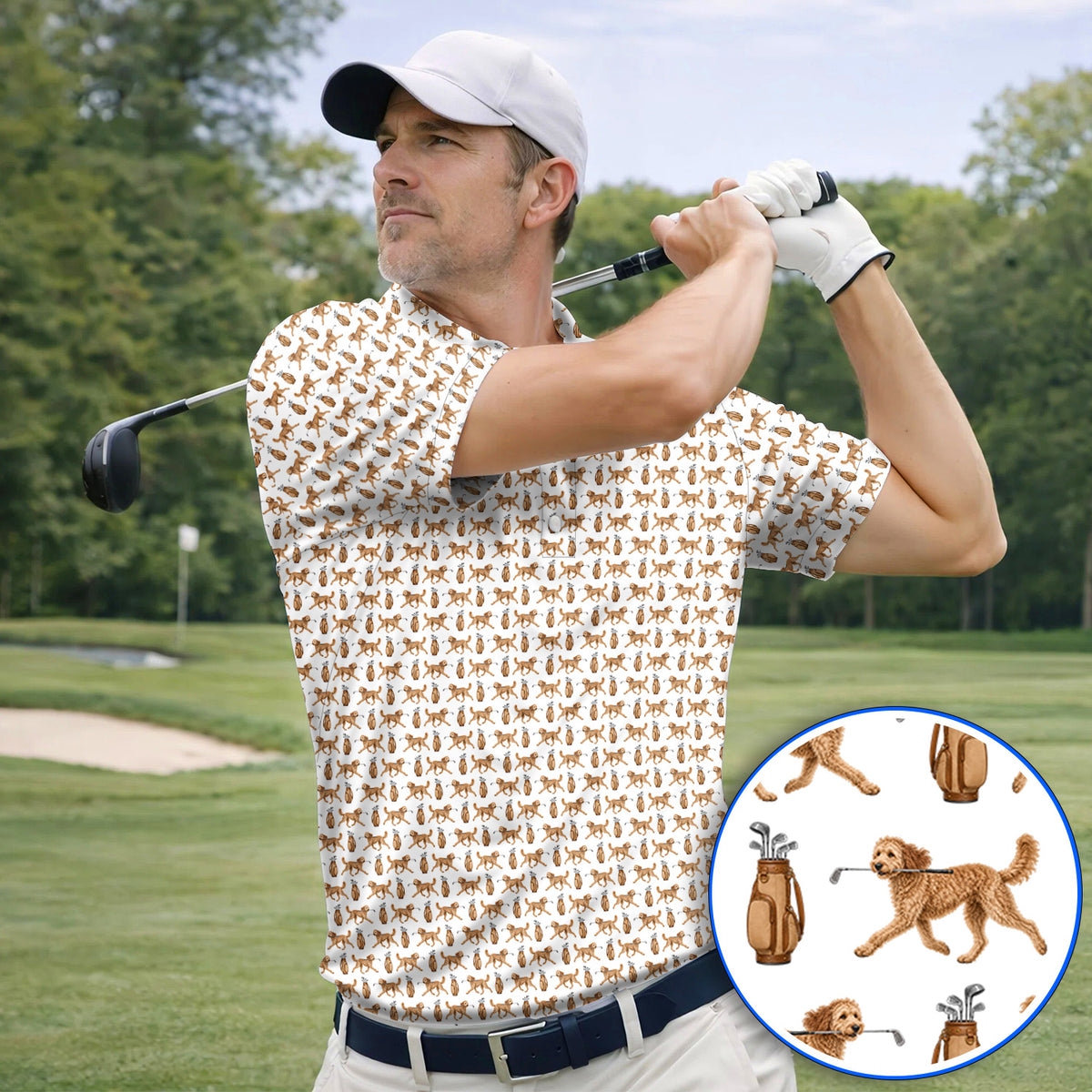 Goldendoodle Golf Shirt, Doodle Dog Pattern Golf Polos, Funny Golf Gift For Dog Lovers