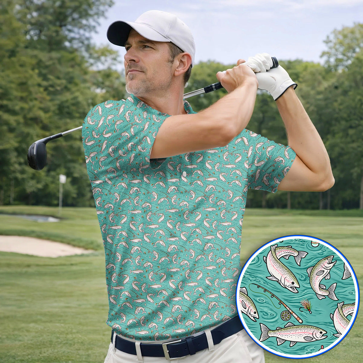 Crazy Rainbow Trout Pattern Golf Shirt, Water Swirl Fish Golf Polos, Golf Gift For Trout Fishing Lovers